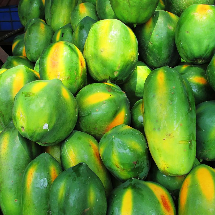 papaya, fruit, green, tropical, exotic, heap, malebennur, india, healthy eating, food and drink