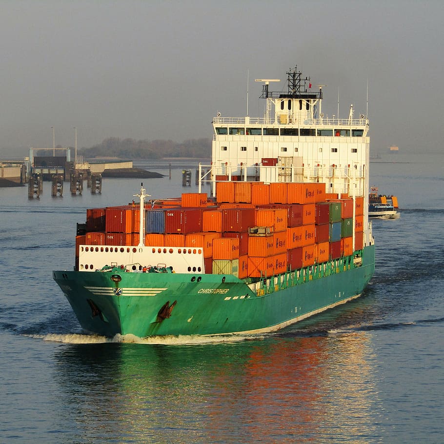 barco, río, contenedores, agua, transporte, buque, al aire libre, Alemania, flete Transporte, Contenedor de carga