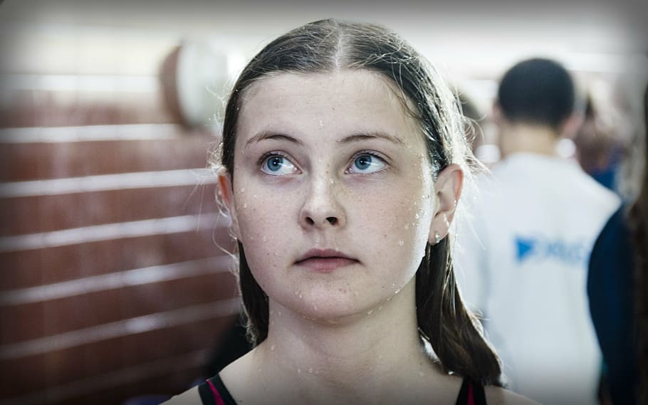 swimmer, girl, wet, water, receive advice, overview, portrait, headshot, sadness, depression - sadness