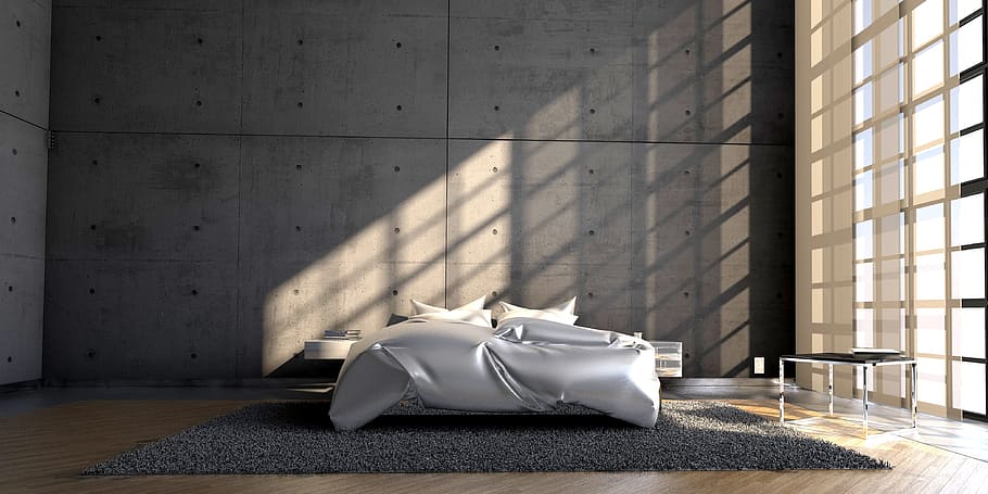 white satin bed, live, bedroom, architecture, modern, window, wall, concrete, luxury, home