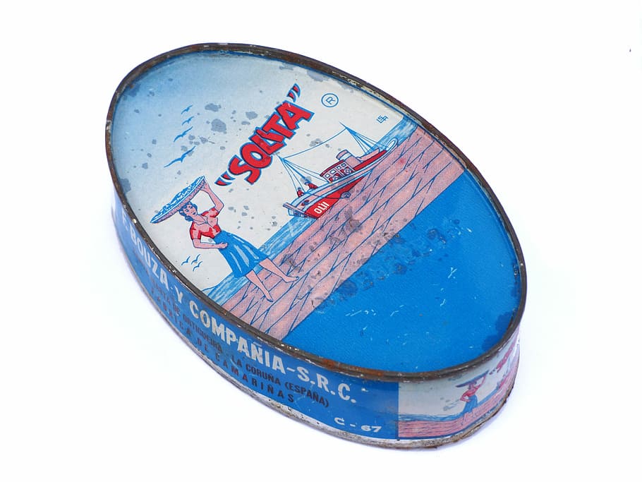 lata, viejo, vintage, sardinas en una lata, diseño, Azul, fondo blanco, recortar, sin gente, tiro del estudio