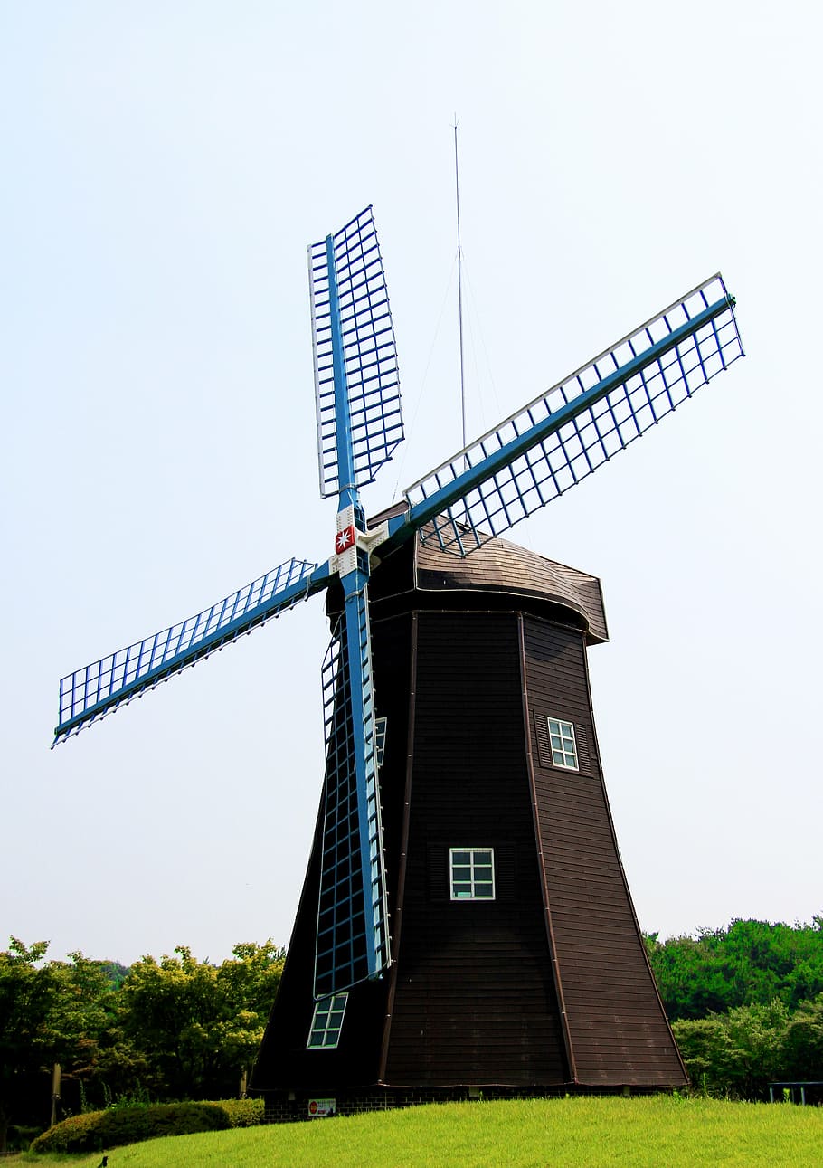 brown, blue, lighthouse, green, grass, windmill, holland, energy, country, vintage