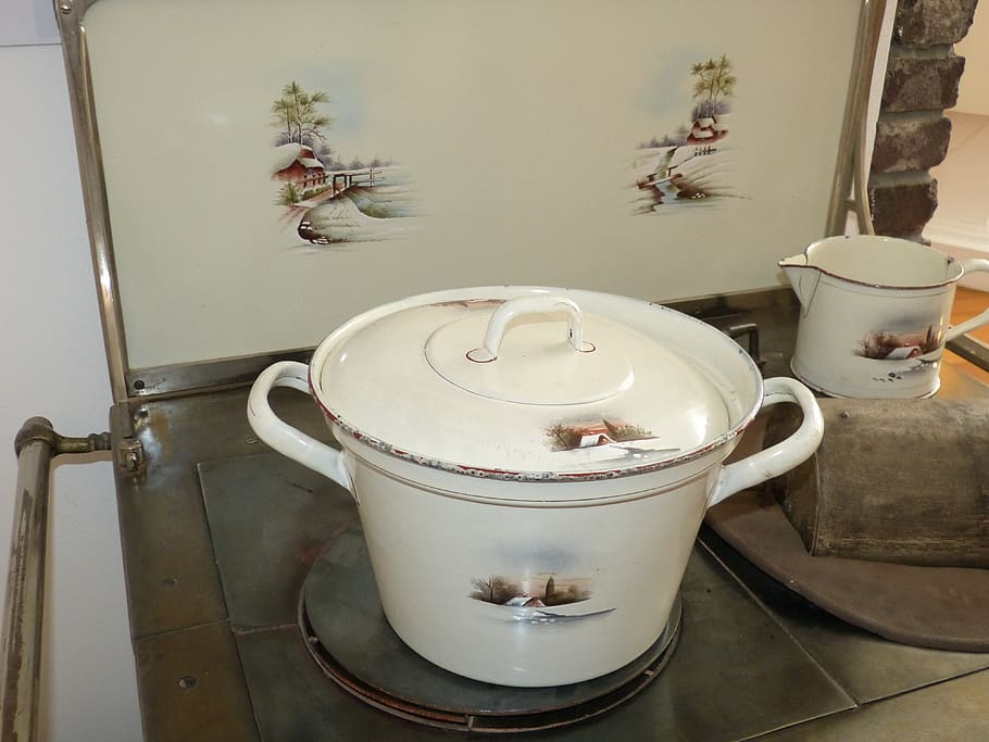kitchen, stove, cook, antique, eat, oven, food, enamel, cooking pot, historically