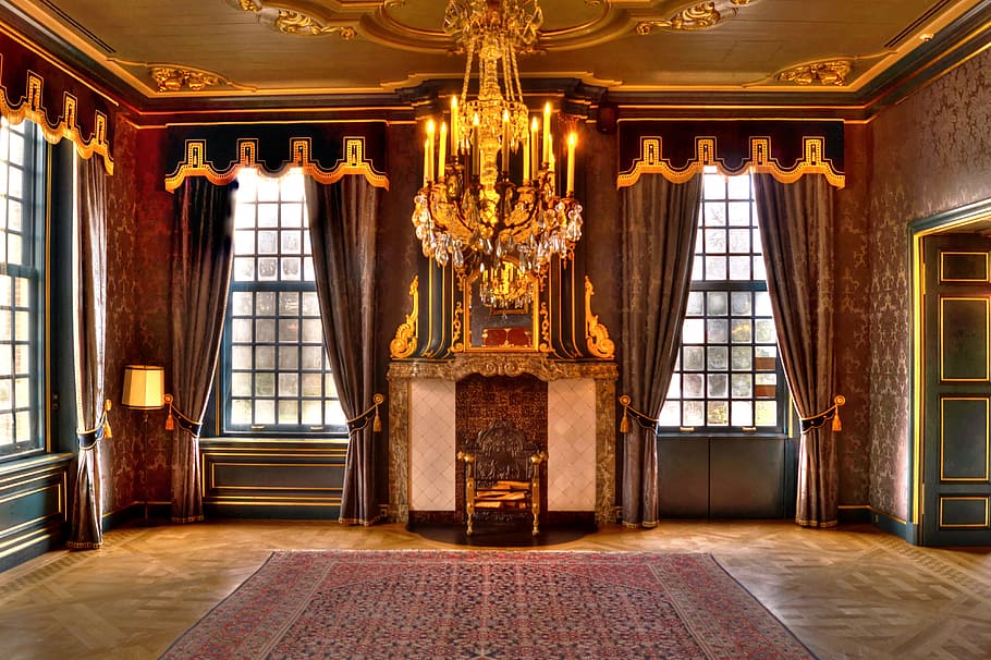 chandelier, area rug, inside, floral, wallpaper room, antique, room, curtains, victorian, vintage