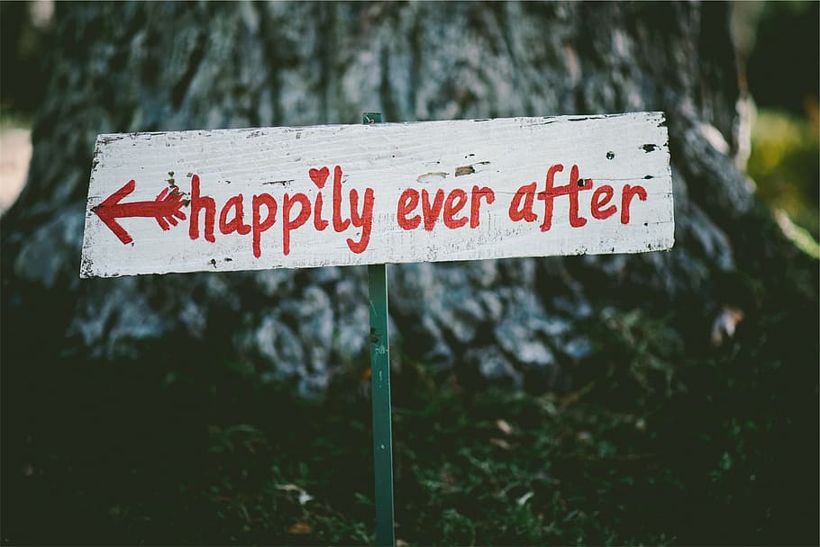 white, red, happily, ever, signage, road, married, marriage, love, sign