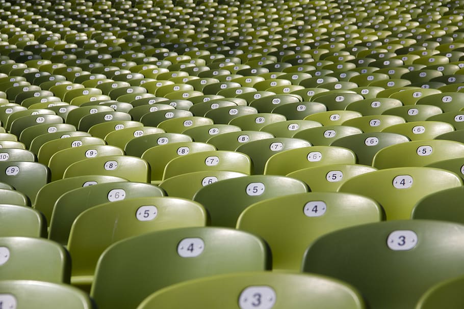 foto, verde, cadeiras de plástico, ainda, cadeiras, auditório, linhas, colunas, padrões, perspectiva