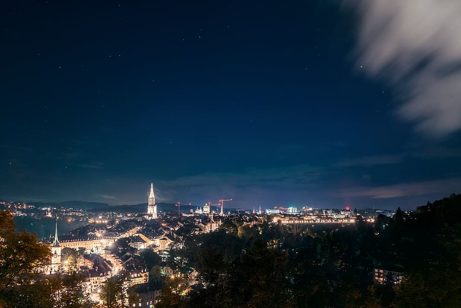aerial cityscape, bern, foto malam, pemaparan panjang, switzerland, bintang, diterangi, musim dingin, musim gugur, lampu