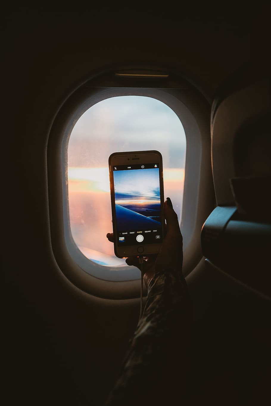 avión, ventana, imagen, iphone, móvil, teléfono, viaje, vuelo, cielo, asiento