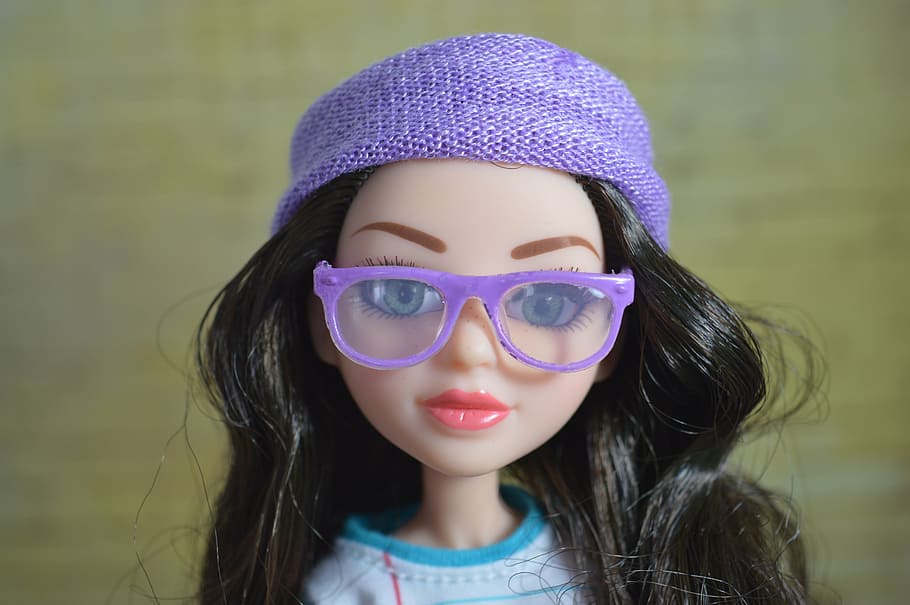 closeup, doll, wearing, purple, eyeglasses, face, glasses, eyewear, brunette, avatar