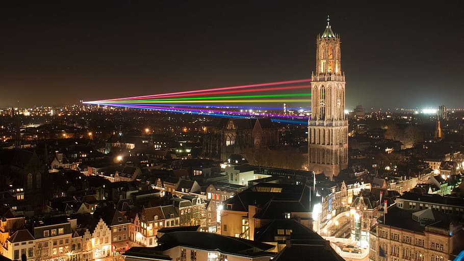 Holanda, Cidade, Arranha-céu, utrect, luzes, raio laser, bonita, noite, tarde, show de luzes