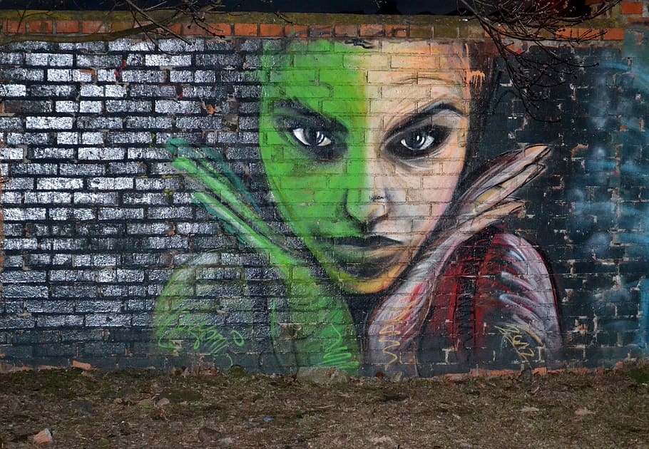 modern art, street art, girl, portrait, one person, graffiti, wall - building feature, brick wall, wall, looking at camera