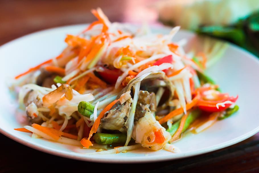 shrimp, vegetables, round, white, ceramic, plate, food, thai, spicy, asian
