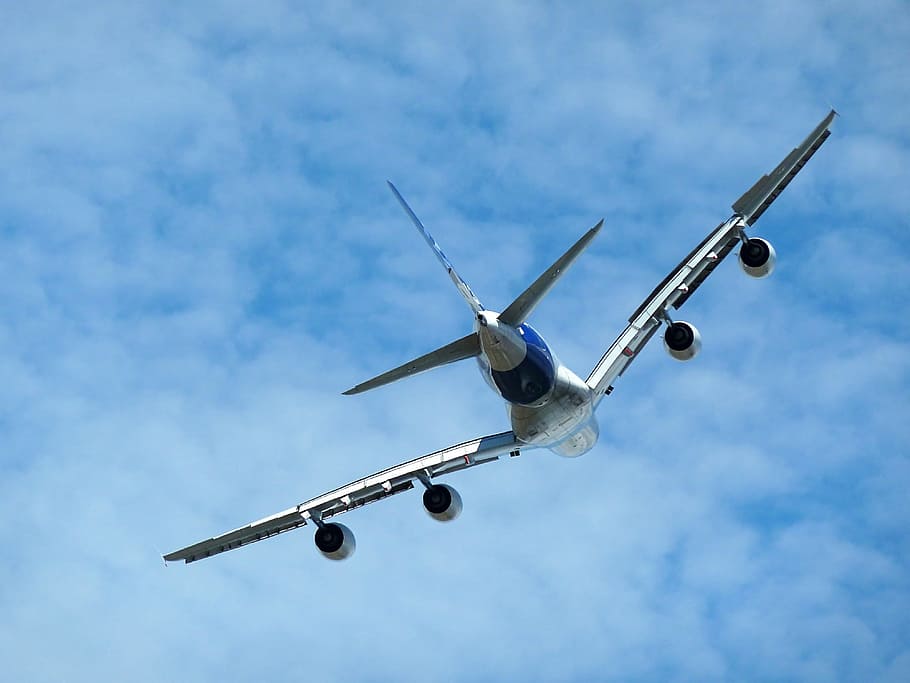 abu-abu, biru, pesawat, putih, langit, siang hari, A380, Rentang, Aileron, Sayap