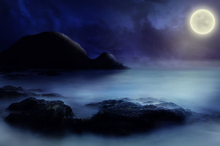 sea, rock, moon, starry sky, fantasy, lighting, illuminated, night, mystical, magic