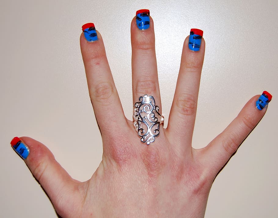 unhas, colorido, mão, anel, dedo, cinco, mão humana, parte do corpo humano, esmalte, unha
