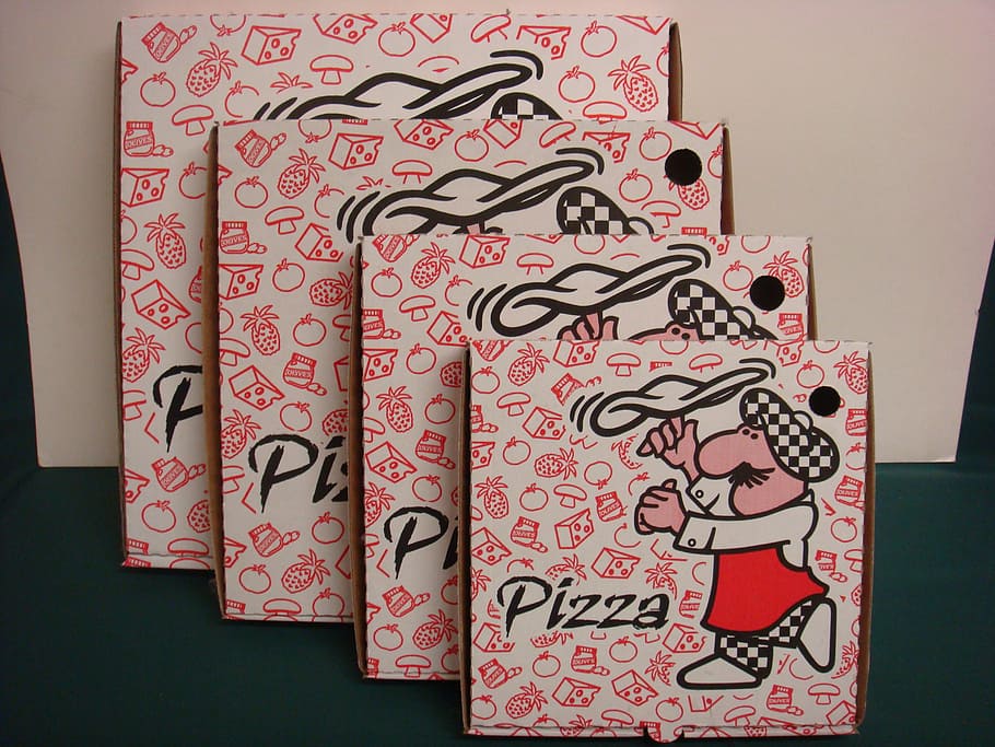 assorted, sizes, four, pizza boxes, boxes, corrugated, pizza, pizza-boxes, food packaging, cardboard