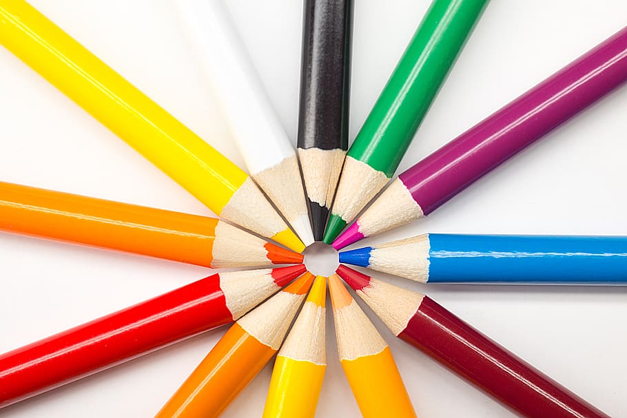 lápices de colores, círculo, arco iris, arte, artista, lápices, color, rojo, naranja, azul