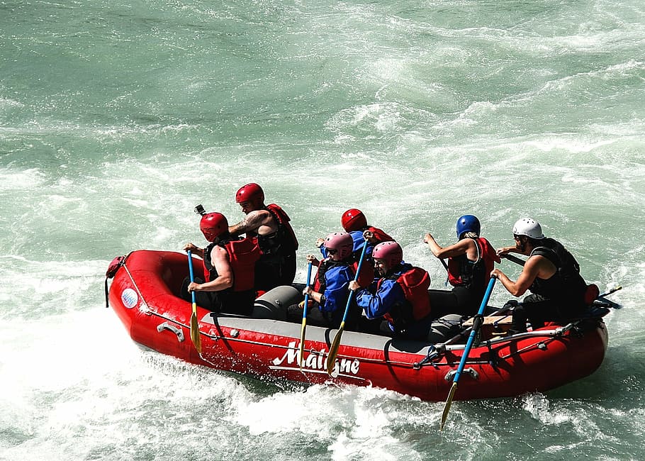 people, red, inflatable boat, body, water, daytime, raft, whitewater raft, boat, teamwork