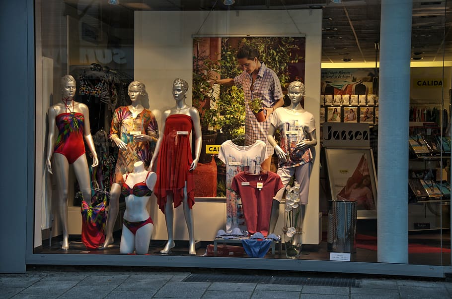 empat, boneka, toko, jendela, dekorasi, boneka pajangan, pakaian, mode, wawasan, bisnis