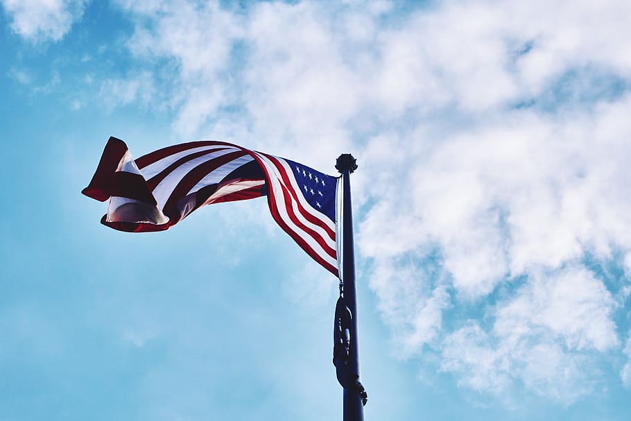 amerika, bendera, biru, langit, Amerika Serikat, AS, bintang dan garis, awan, patriotisme, tampilan sudut rendah