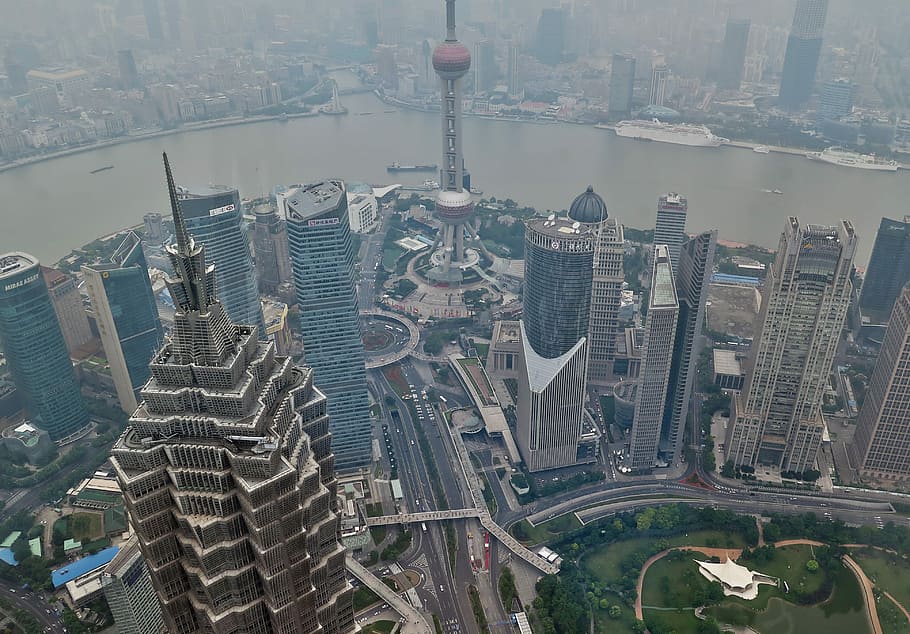 aerial, view, city building, Shanghai, China, Skyscraper, Smog, River, shanghai, china, from above
