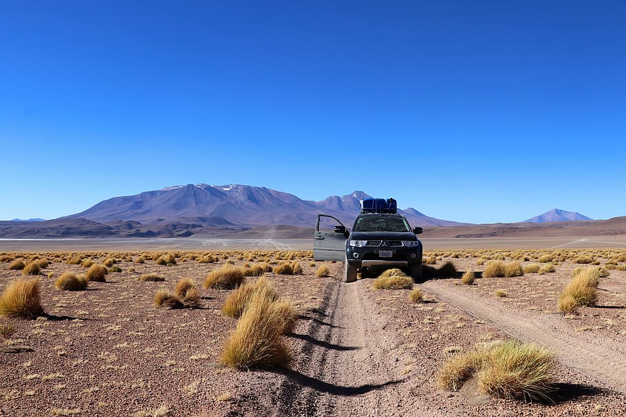 black, mitsubishi montero suv, desert road, daytime, bolivia, holiday, road trip, mountain, landscape, desert