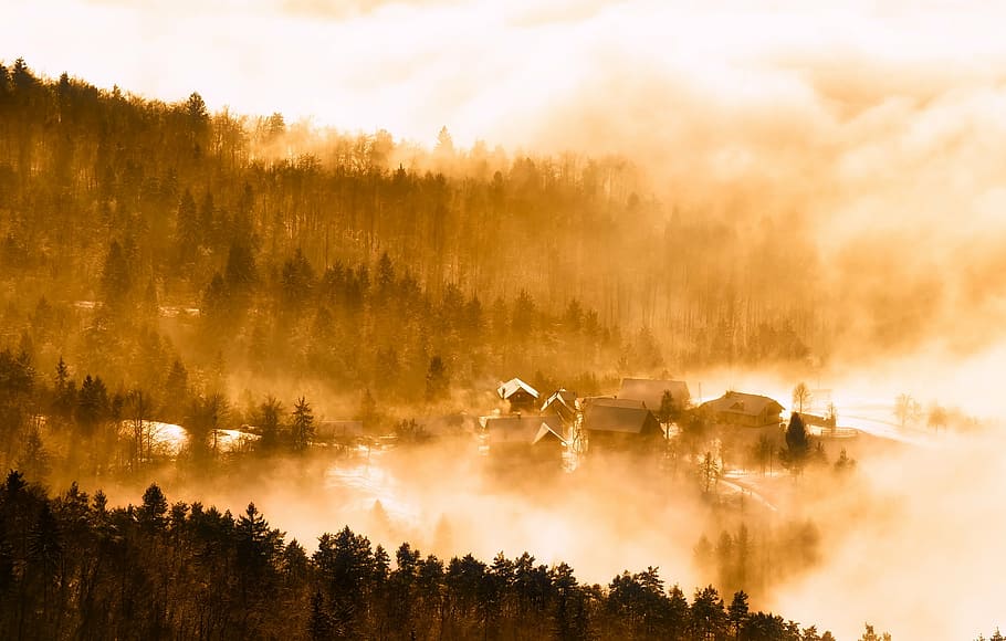 mountain fog, slovenia, sunrise, dawn, morning, fog, haze, mist, beautiful, mountains