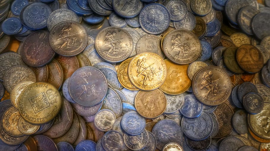 pile, round bronze, silver coins, round, bronze, money, coins, zloty, investment, finance