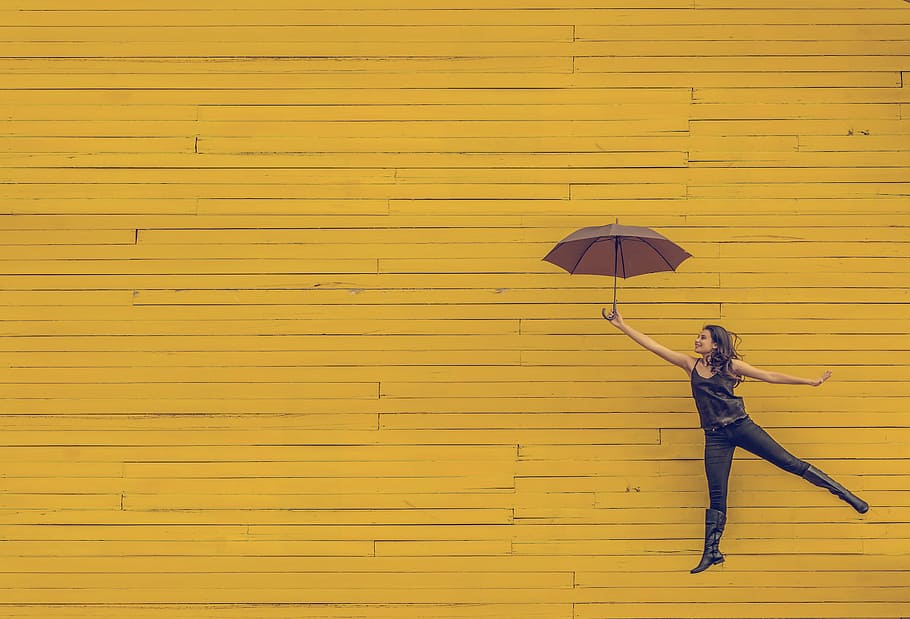 fill, frame photography, woman, holding, umbrella, yellow, wood, wall, people, girl