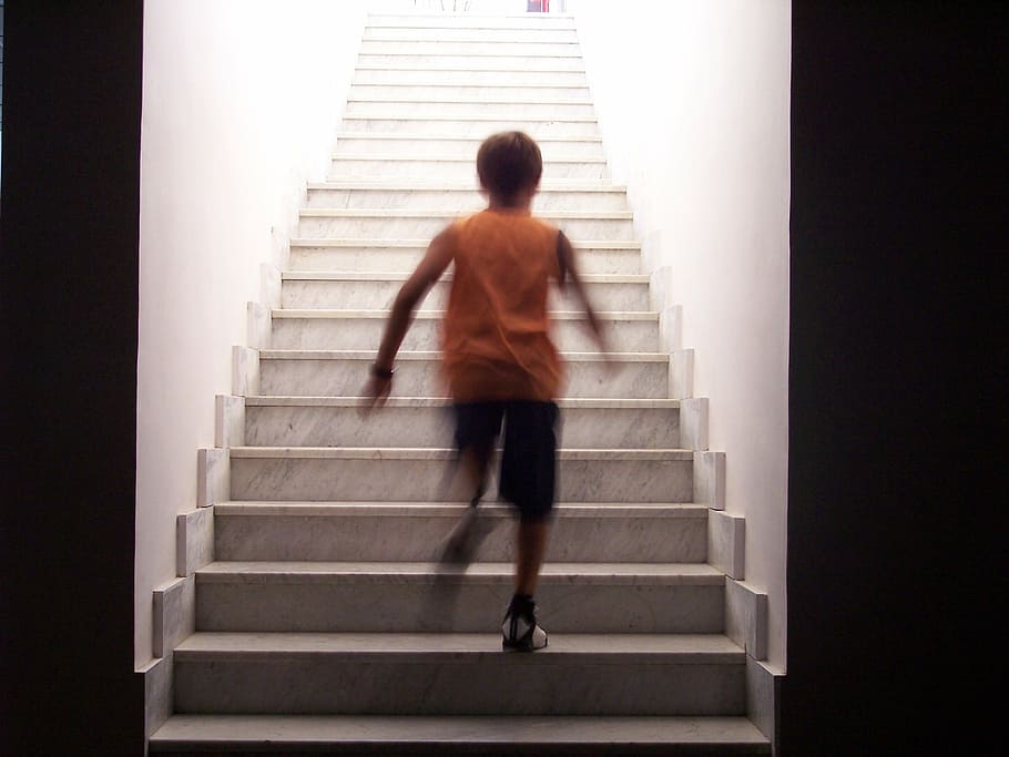 boy, walking, gray, stair, stairs, staircase, race, guy who runs, ascent, steps
