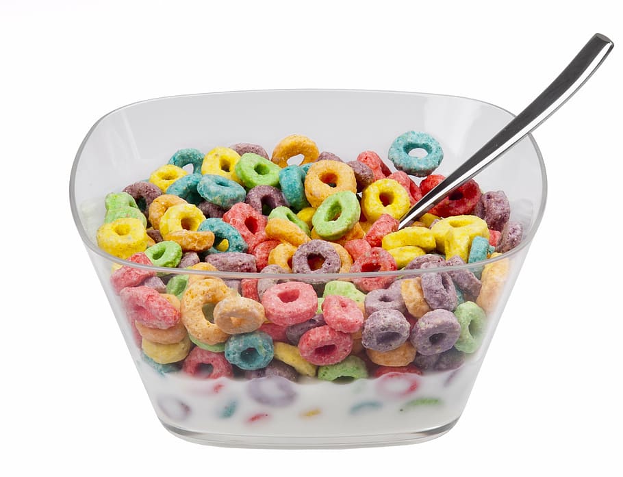 fruit loops cereal, inside, bowl, milk, food, eat, diet, froot loops, cereal, white background