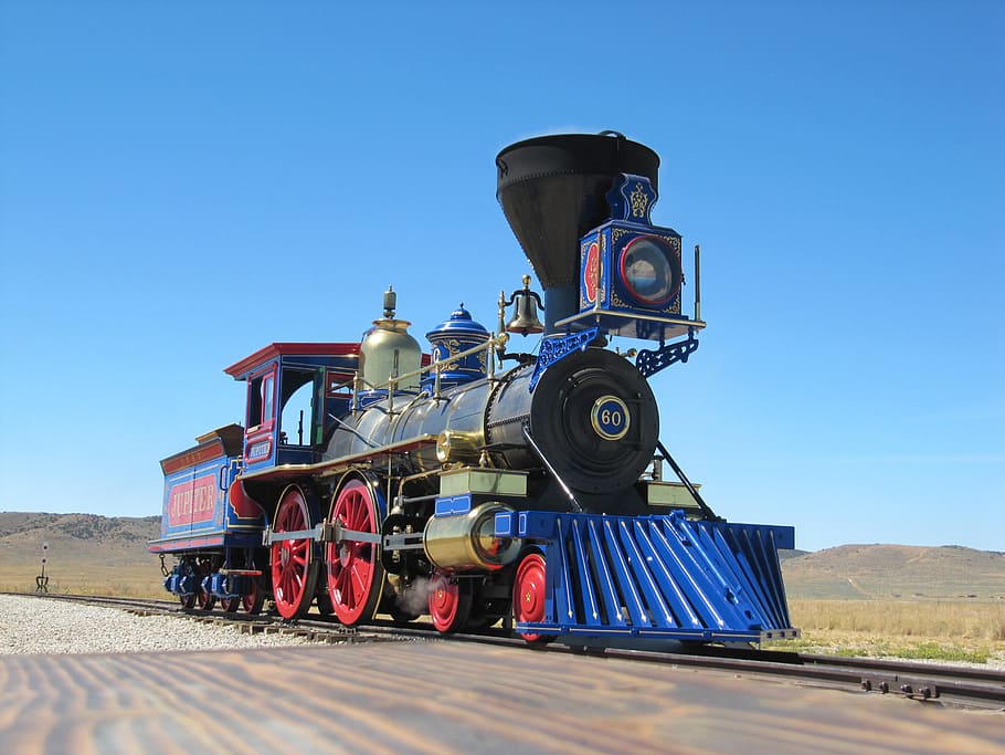 black, blue, locomotive train, train tracks, telephone pole, train, railroad, transportation, tracks, rail