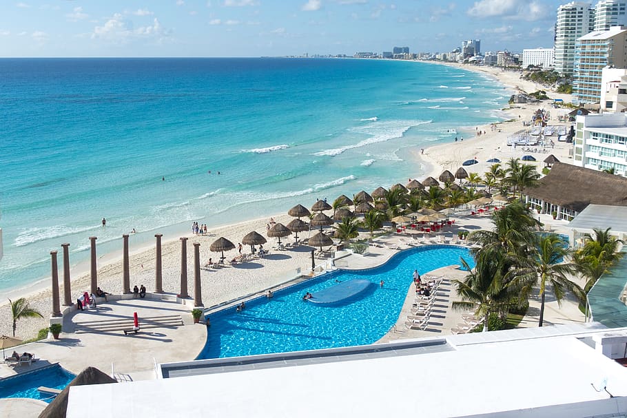Cancún, océano, costa, vacaciones, México, viajes, agua, azul, cielo, turismo