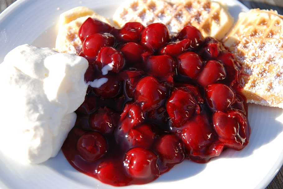 red, berries, pancake, white, plate, Sour Cherries, Cream, Waffles, cherries, sweet dish
