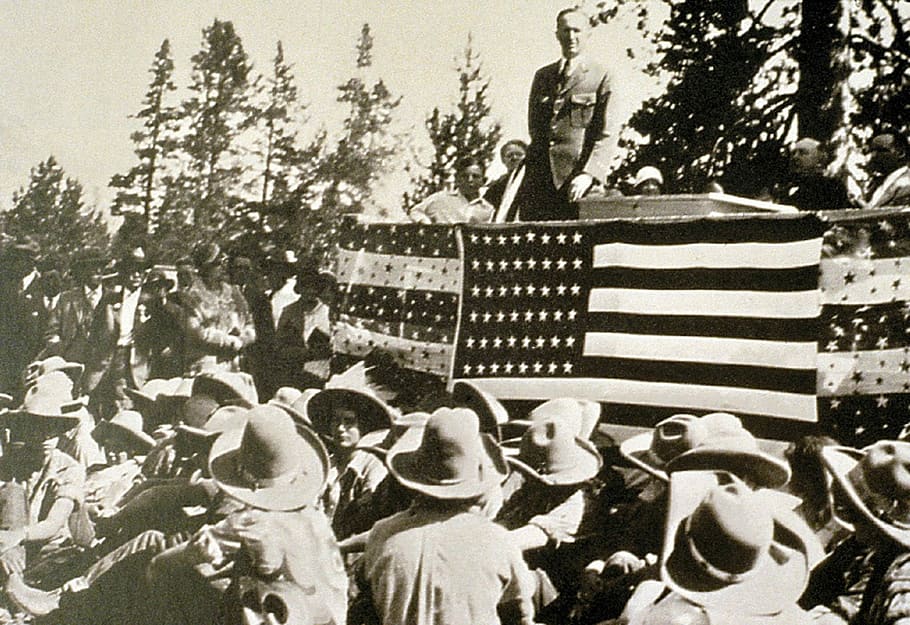 grand, teton, nasional, dedikasi taman, 1929, Taman Nasional Grand Teton, Dedikasi, bendera Amerika, foto, bersejarah