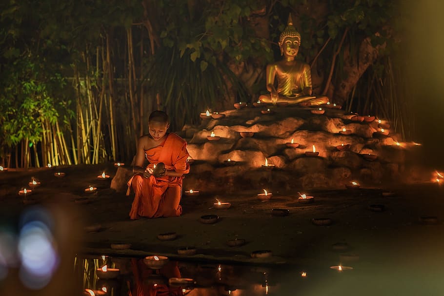 man, wearing, monk suit, behind, gautama statue, nighttime, thailand, asia, neophyte, buddha