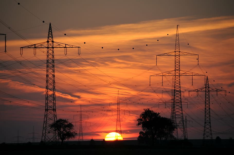 utility post, sunset, current, reinforce, energy, power line, electricity, power poles, power supply, high voltage