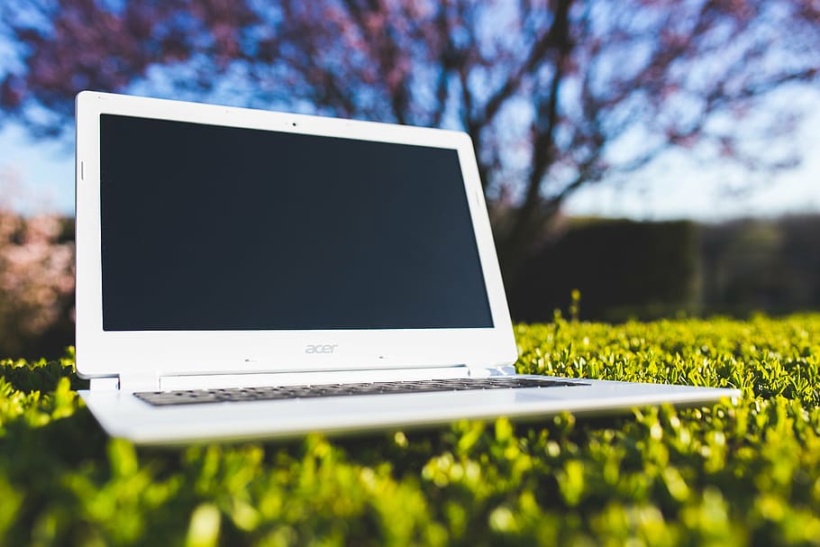 branco, laptop Acer, campo de grama, computador portátil, escritório, trabalho, grama, ensolarado, depois do trabalho, feriado