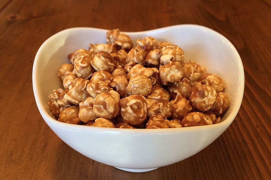 caramel popcorn, white, ceramic, bowl, caramel, popcorn, sweet, food, food and drink, wellbeing