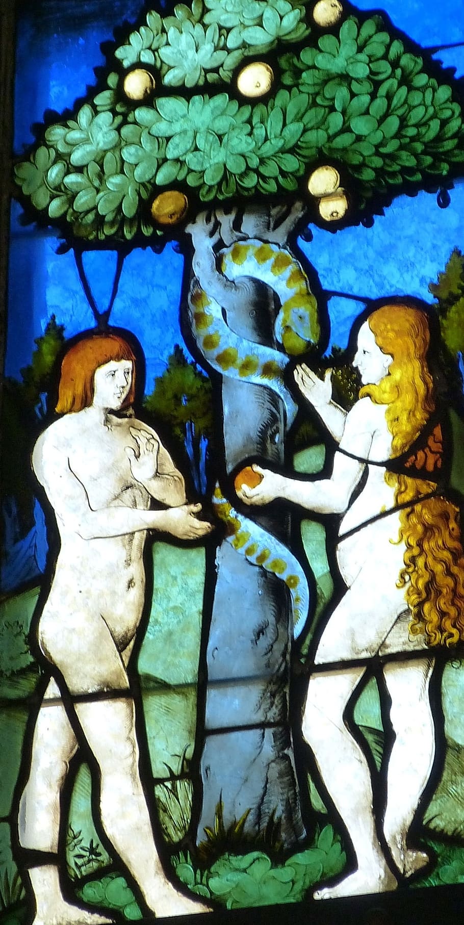 Adán, ilustración de Eva, Adán y Eva, ventana de la iglesia, iglesia, ventana, vitral, fe, biblia, imagen