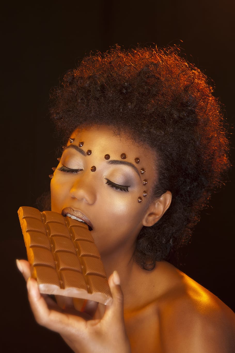 woman, eating, chocolate bar, face, women, young, brunette, chocolate, sweet, craving