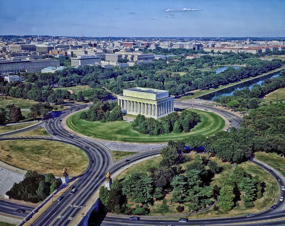 Washington DC, ciudad, ciudades, urbano, vista aérea, hdr, Lincoln Memorial, árboles, carreteras, hito