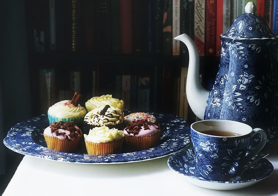 tea, cupcakes, food, snack, dessert, treat, teapot, cup, plate, food and drink