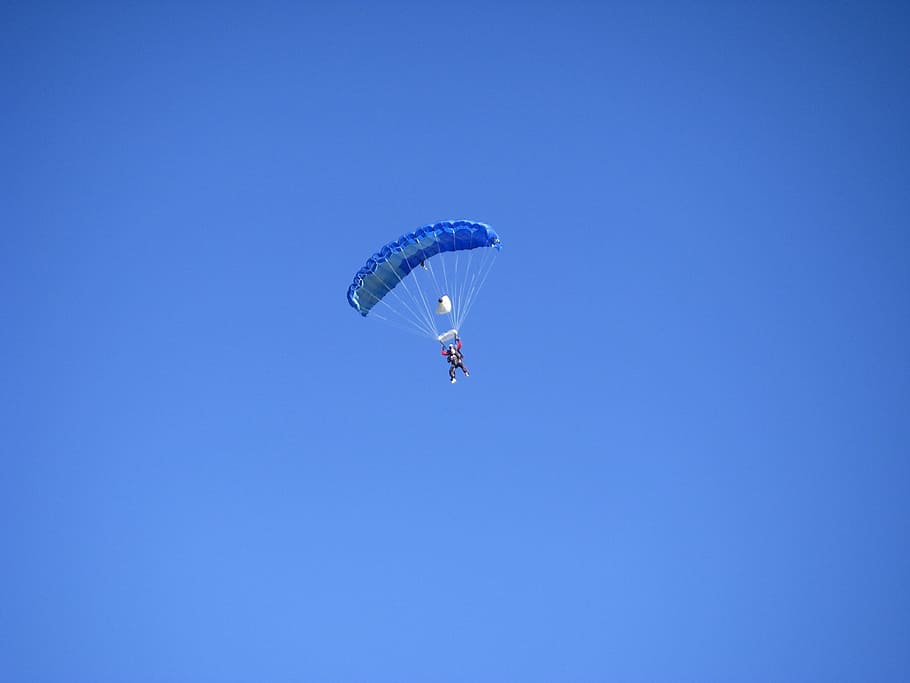 落下傘兵, 青, 空, スカイダイビング, ​​パラシュート, フライ, エクストリームスポーツ, 飛行, スポーツ, パラシュート