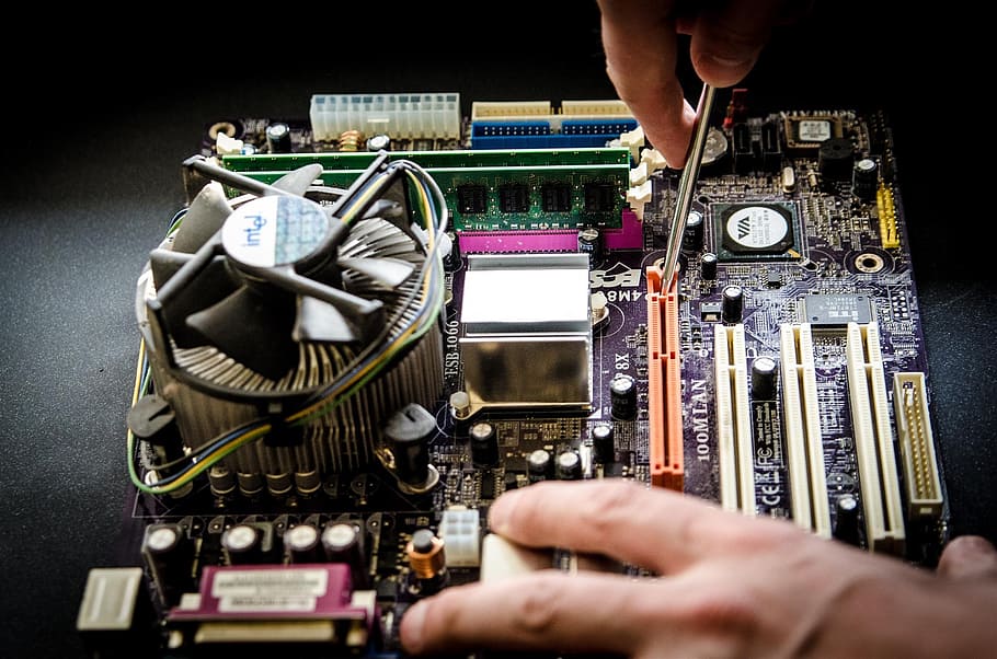 person, holding, screw, fixing, multicolored, computer motherboard, service, computers, repair, electronics