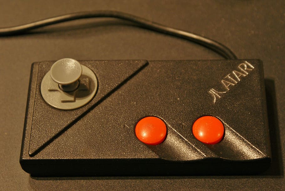 black, atari game controller, corded, controller, Atari, video games, gaming, objects, fun, entertainment