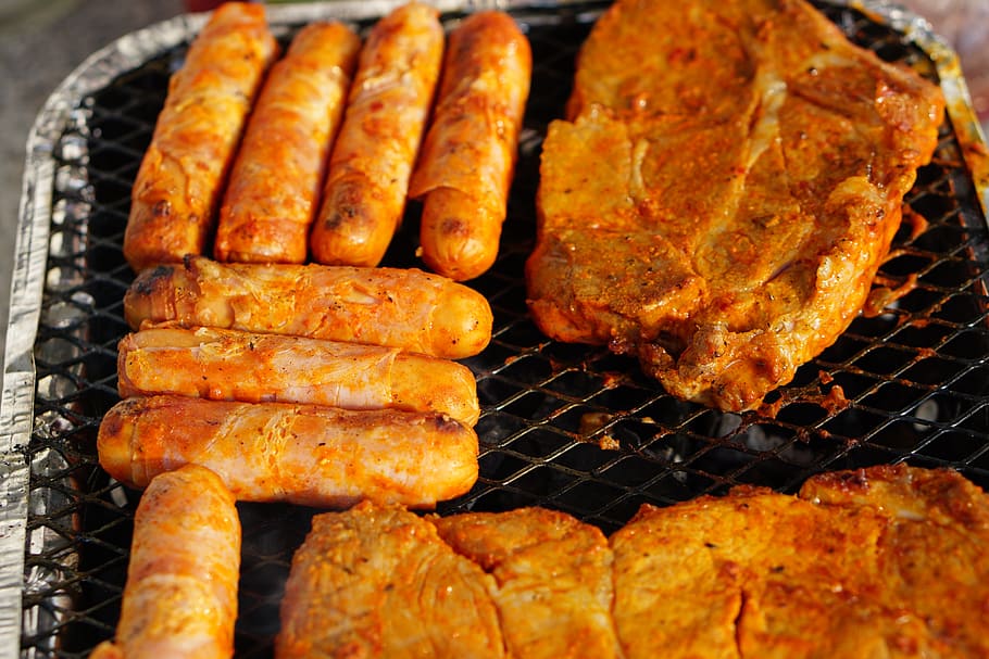 daging, barbekyu, makan, makanan, panggangan, daging panggang, panggang, musim panas, steak, memanggang