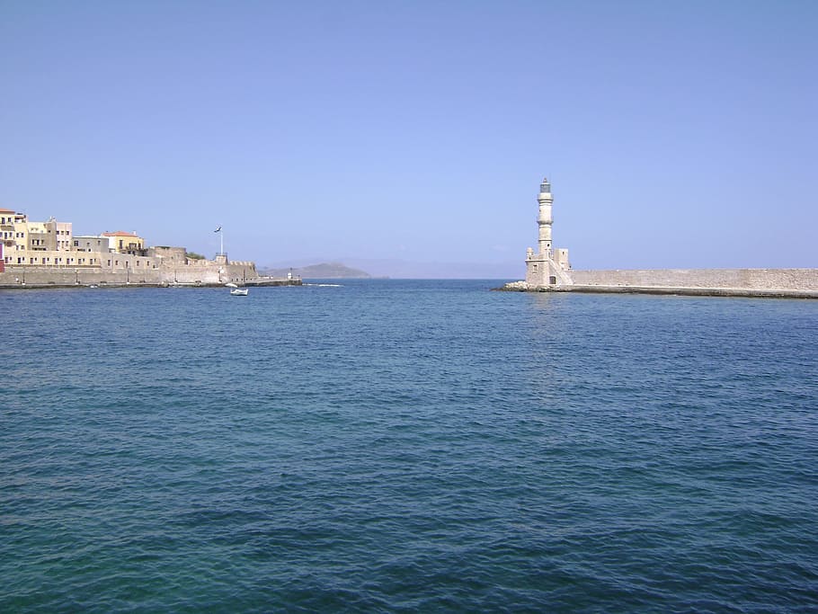 chania, crete, port, greece, built structure, architecture, water, building exterior, sea, waterfront
