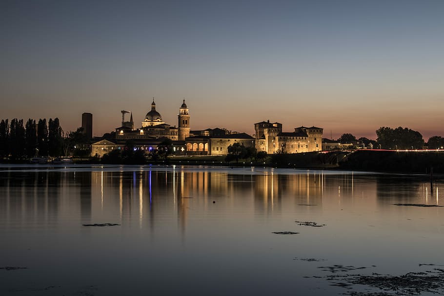Mantova, Night, Sunset, Lakes, City, lights, reflection, architecture, river, dome