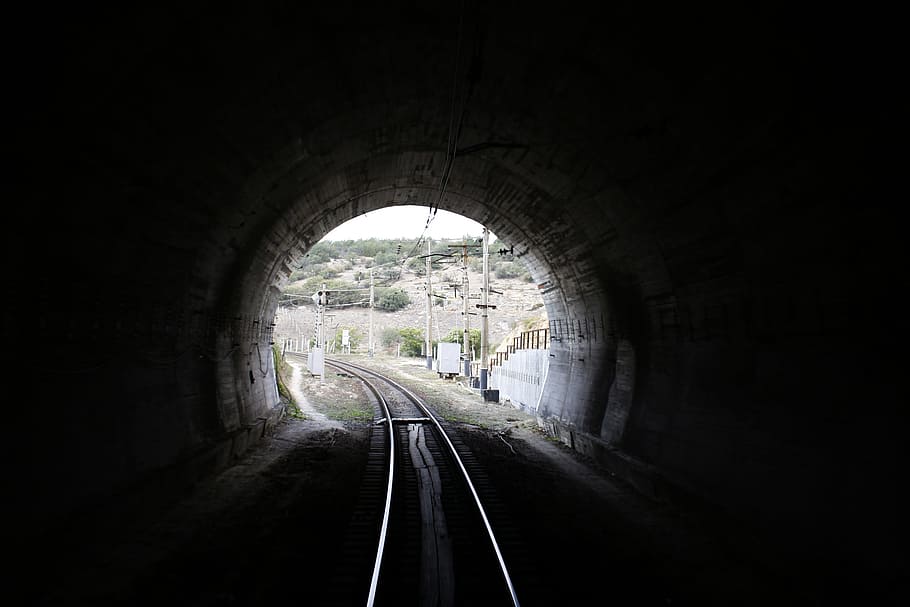 Túnel, Ferroviária, Trem, Montanha, Crimeia, ferrovia, luz, o fim, trilhos, melancolia